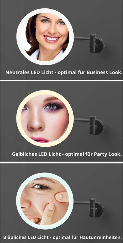 LUXUS GoodVibes - Make Up Spiegel Met Led Verlichting - 10x Vergroting - Wandspiegel Rond - Scheerspiegel Wandmodel - Badkamer - Douche - Zwart 15 LUXUS GoodVibes - Make Up Spiegel Met Led Verlichting - 10x Vergroting - Wandspiegel Rond - Scheerspiegel Wandmodel - Badkamer - Douche - Zwart - Afbeelding 13