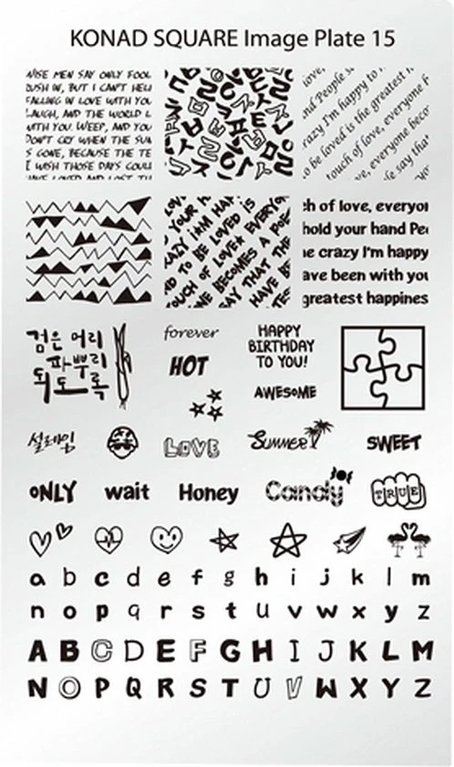 KONAD Square Stempel Sjablonen Plaat 15 Met 77 Nagel Sjablonen Geïnspireerd Door ' Liefde ' Incl. Alfabet En Verschillende Prints. 4 KONAD Square Stempel Sjablonen Plaat 15 Met 77 Nagel Sjablonen Geïnspireerd Door ' Liefde ' Incl. Alfabet En Verschillende Prints. - Afbeelding 2