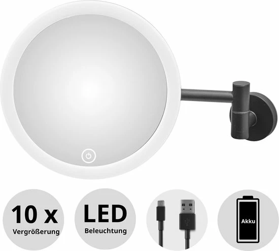 LUXUS GoodVibes - Make Up Spiegel Met Led Verlichting - 10x Vergroting - Wandspiegel Rond - Scheerspiegel Wandmodel - Badkamer - Douche - Zwart 3 LUXUS GoodVibes - Make Up Spiegel Met Led Verlichting - 10x Vergroting - Wandspiegel Rond - Scheerspiegel Wandmodel - Badkamer - Douche - Zwart