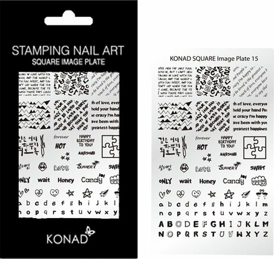 KONAD Square Stempel Sjablonen Plaat 15 Met 77 Nagel Sjablonen Geïnspireerd Door ' Liefde ' Incl. Alfabet En Verschillende Prints. 3 KONAD Square Stempel Sjablonen Plaat 15 Met 77 Nagel Sjablonen Geïnspireerd Door ' Liefde ' Incl. Alfabet En Verschillende Prints.