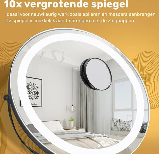 Great?s? Great's Make Up Spiegel Met LED Verlichting - Visagie Spiegel Rond - Incl. Close Up 10x - Zwart 9 Great?s? Great's Make Up Spiegel Met LED Verlichting - Visagie Spiegel Rond - Incl. Close Up 10x - Zwart - Afbeelding 7