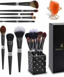 Merkloos Kwasten Set 100% Vegan - Make Up Borstels Brush Organizer Zwart Cadeau Voor Vrouw Set Van 10 Brushes