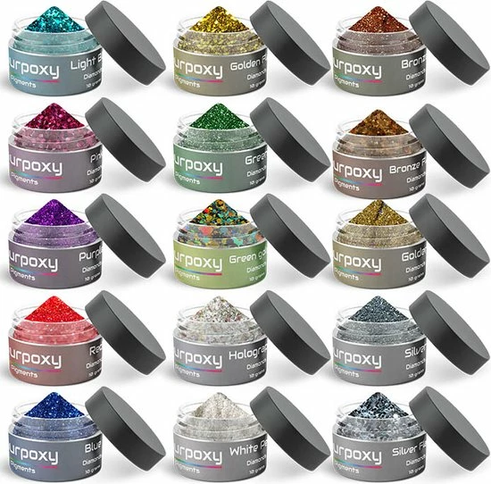 Pourpoxy Pigments Pourpoxy - Glitters - 15 Kleuren - Nagellak - Epoxy Art - Resin Art - Giethars 3 Pourpoxy Pigments Pourpoxy - Glitters - 15 Kleuren - Nagellak - Epoxy Art - Resin Art - Giethars