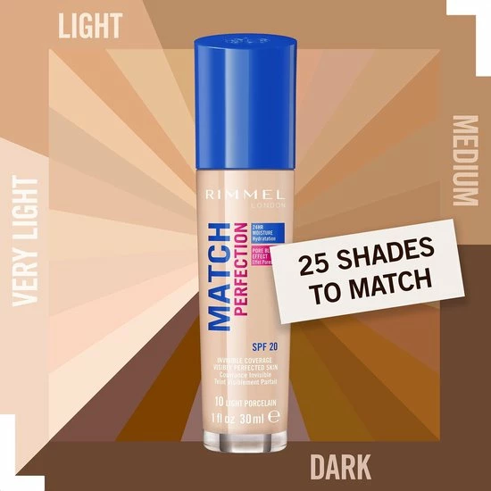 Rimmel London Match Perfection SPF20 Foundation - 010 Light Porcelain 6 Rimmel London Match Perfection SPF20 Foundation - 010 Light Porcelain - Afbeelding 4