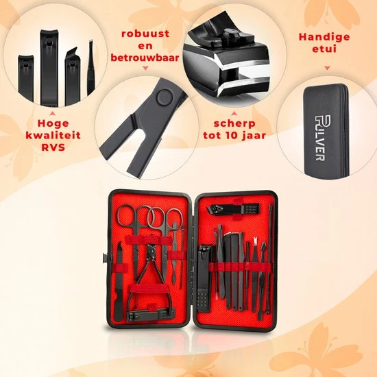 Pulver - Luxe Manicureset / Pedicureset Met Lederen Opbergetui - 19 Delig - Pedicure Set - Manicure Set - Manicure Sets - Pedicure Sets - Verzorging - Zwart 4 Pulver - Luxe Manicureset / Pedicureset Met Lederen Opbergetui - 19 Delig - Pedicure Set - Manicure Set - Manicure Sets - Pedicure Sets - Verzorging - Zwart - Afbeelding 2