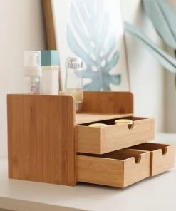 Merkloos Decopatent Luxe Make-up Organizer Met 3 Lades - Cosmetica Organizer Make Up Met Schuiflade Bamboe Hout - Cosmeticahouder - Toren