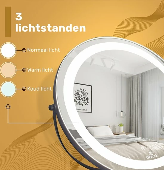 Great?s? Great's Make Up Spiegel Met LED Verlichting - Visagie Spiegel Rond - Incl. Close Up 10x - Zwart 6 Great?s? Great's Make Up Spiegel Met LED Verlichting - Visagie Spiegel Rond - Incl. Close Up 10x - Zwart - Afbeelding 4