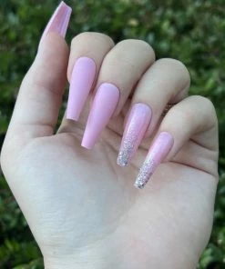 Merkloos Roze Glitter Ombre Nagels - Plaktabs - Plaknagels - Lang