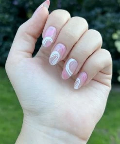 Merkloos Roze Witte Lijn Nagels - Plaktabs - Plaknagels - Kort - Nagellijm