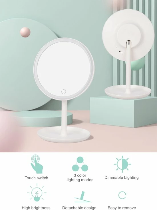 FlinQ Draadloze Design Make-up Spiegel - Oplaadbaar - Drie Lichtstanden - Roze - Ronde Make-up Spiegel 7 FlinQ Draadloze Design Make-up Spiegel - Oplaadbaar - Drie Lichtstanden - Roze - Ronde Make-up Spiegel - Afbeelding 5