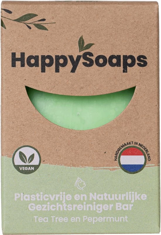 HappySoaps Gezichtsreiniger Bar & Make-up Remover - Tea Tree & Pepermunt - Fris & Krachtig - 100% Plasticvrij, Vegan & Natuurlijk - 70gr 3 HappySoaps Gezichtsreiniger Bar & Make-up Remover - Tea Tree & Pepermunt - Fris & Krachtig - 100% Plasticvrij, Vegan & Natuurlijk - 70gr